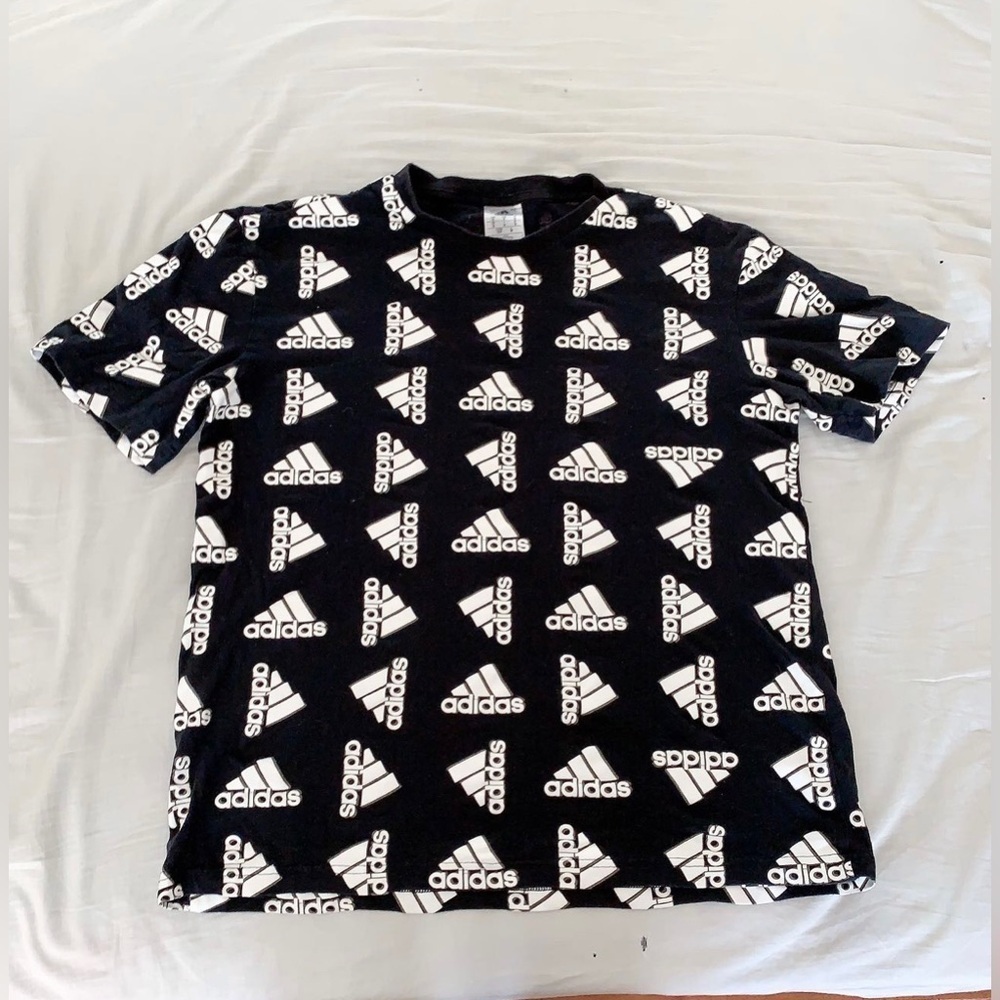 ADIDAS All Over Print T Shirt Black White‎ Logo Mens Sz Small Tee